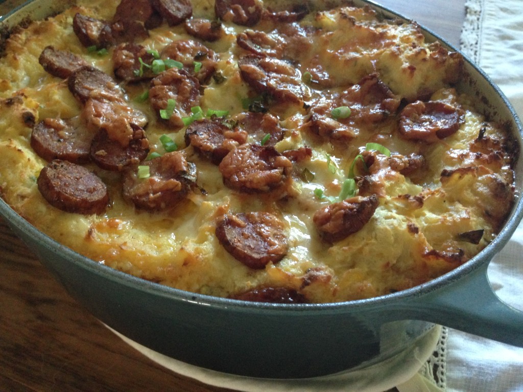 Sweet Smoked German Sausage  Cheesy Green Onion carrot Mashed Potato Casserole • Food for a 